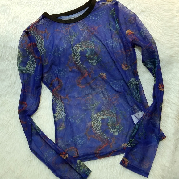Mesh Dragon Long Sleeve Print 90s y2k style Top - Picture 13 of 14